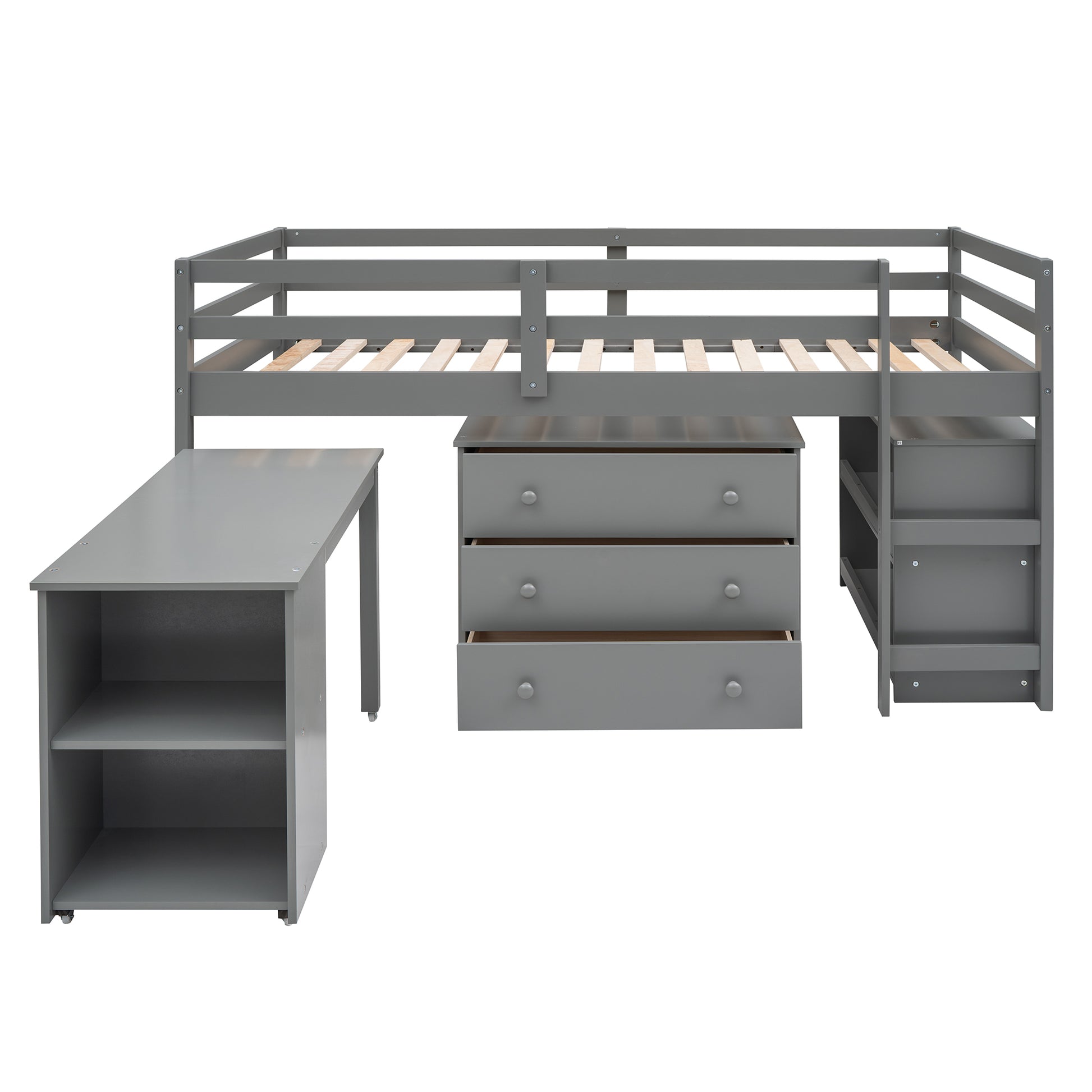 Ylven gray twin size low loft bed rear angled view with storage pieces on white background
