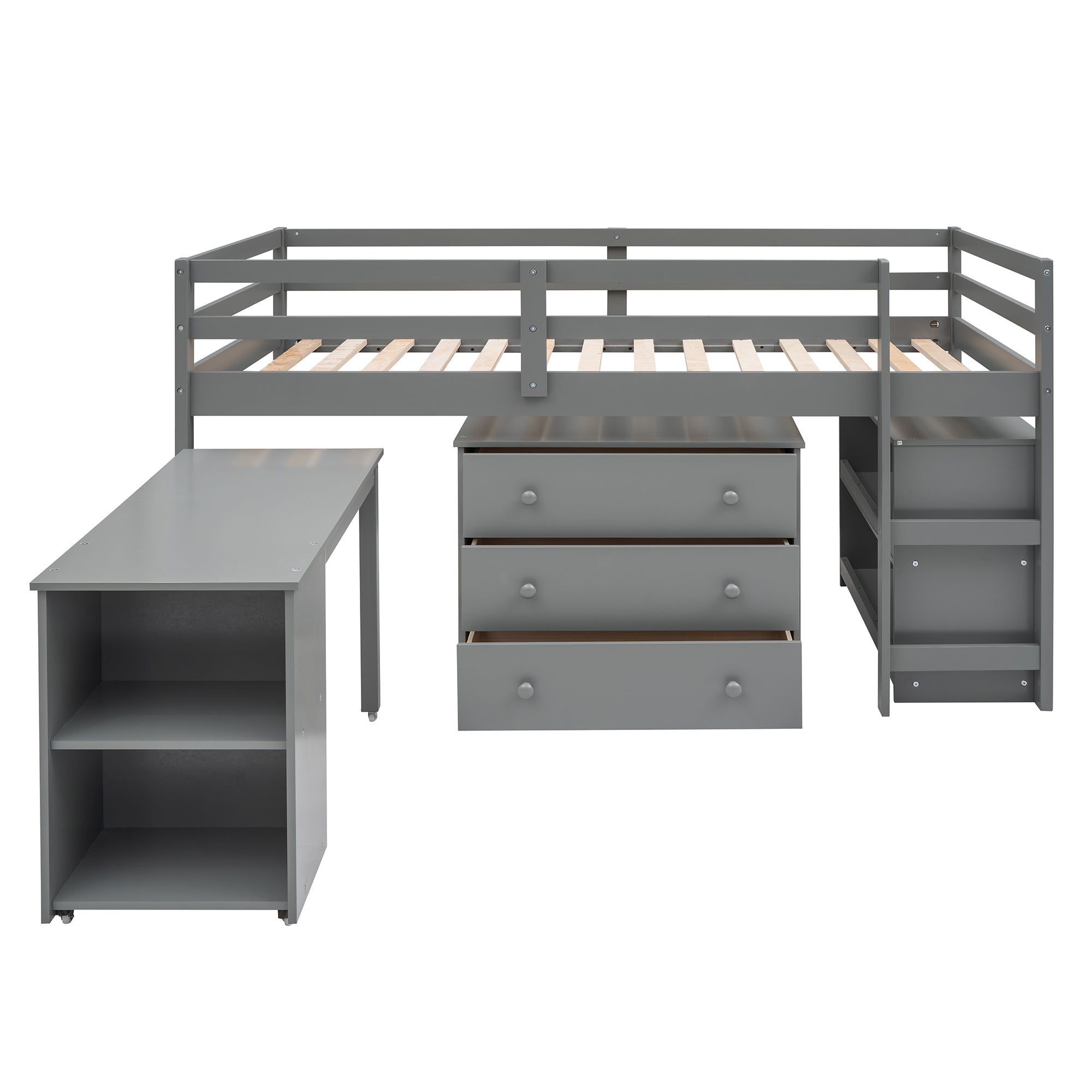 Ylven gray twin size low loft bed rear angled view with storage pieces on white background