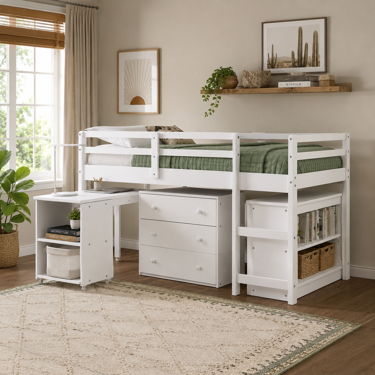 Ylven white twin size low loft bed with rolling desk chest and bookshelf in a bright bedroom