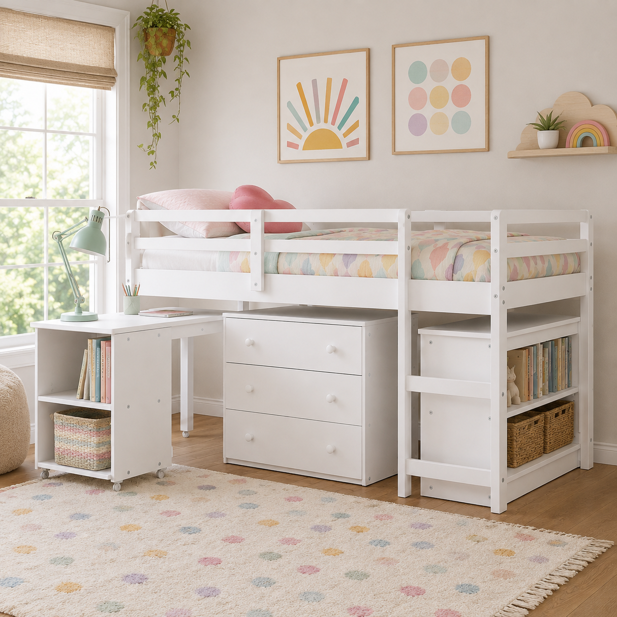 Ylven white twin size low loft bed with rolling desk and storage units in a colorful bedroom