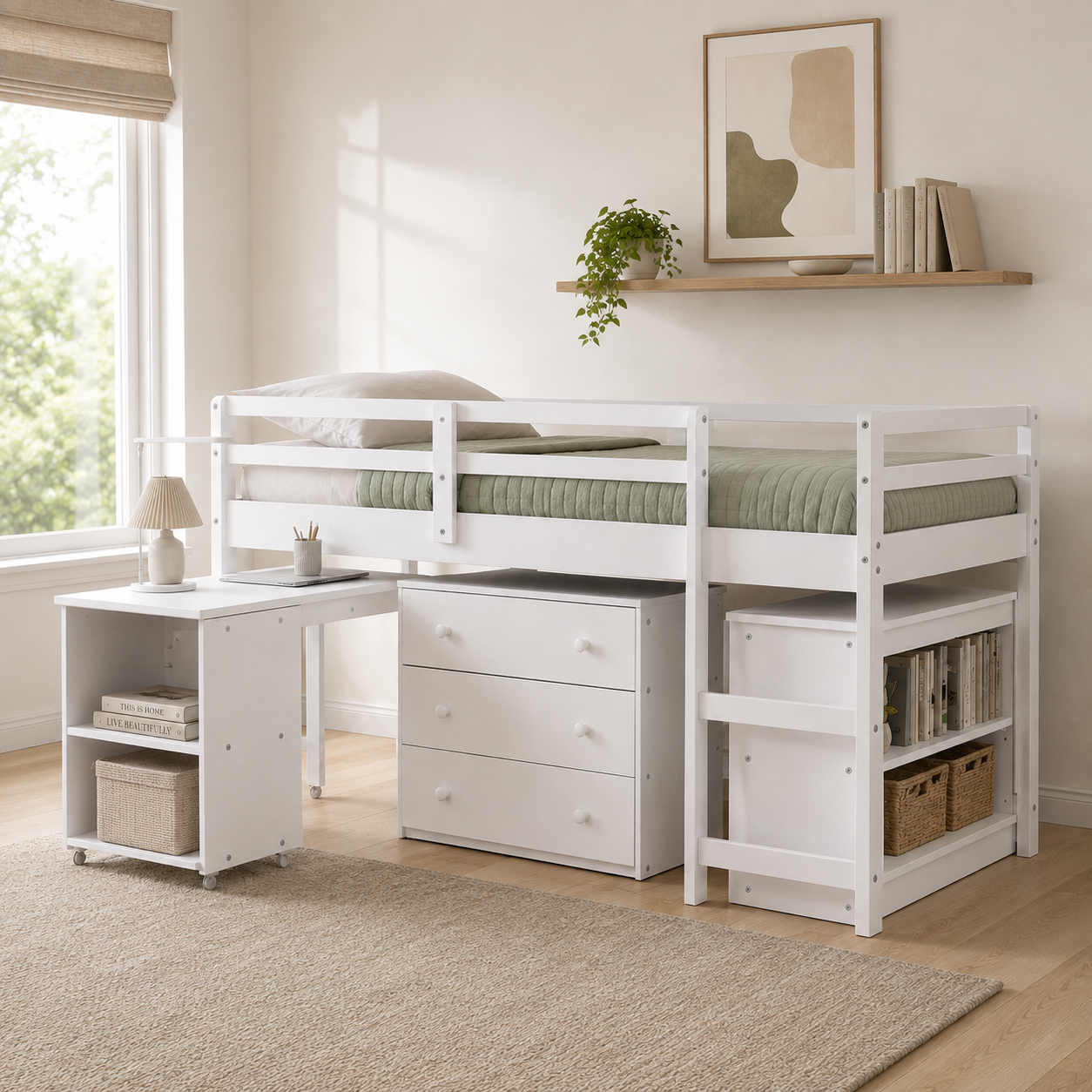 Ylven white twin size low loft bed with three-drawer chest and desk in a sunlit bedroom