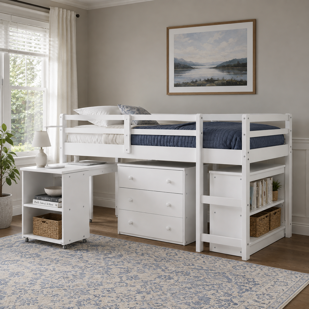 Ylven white twin size low loft bed with bookshelf and rolling desk in a modern bedroom