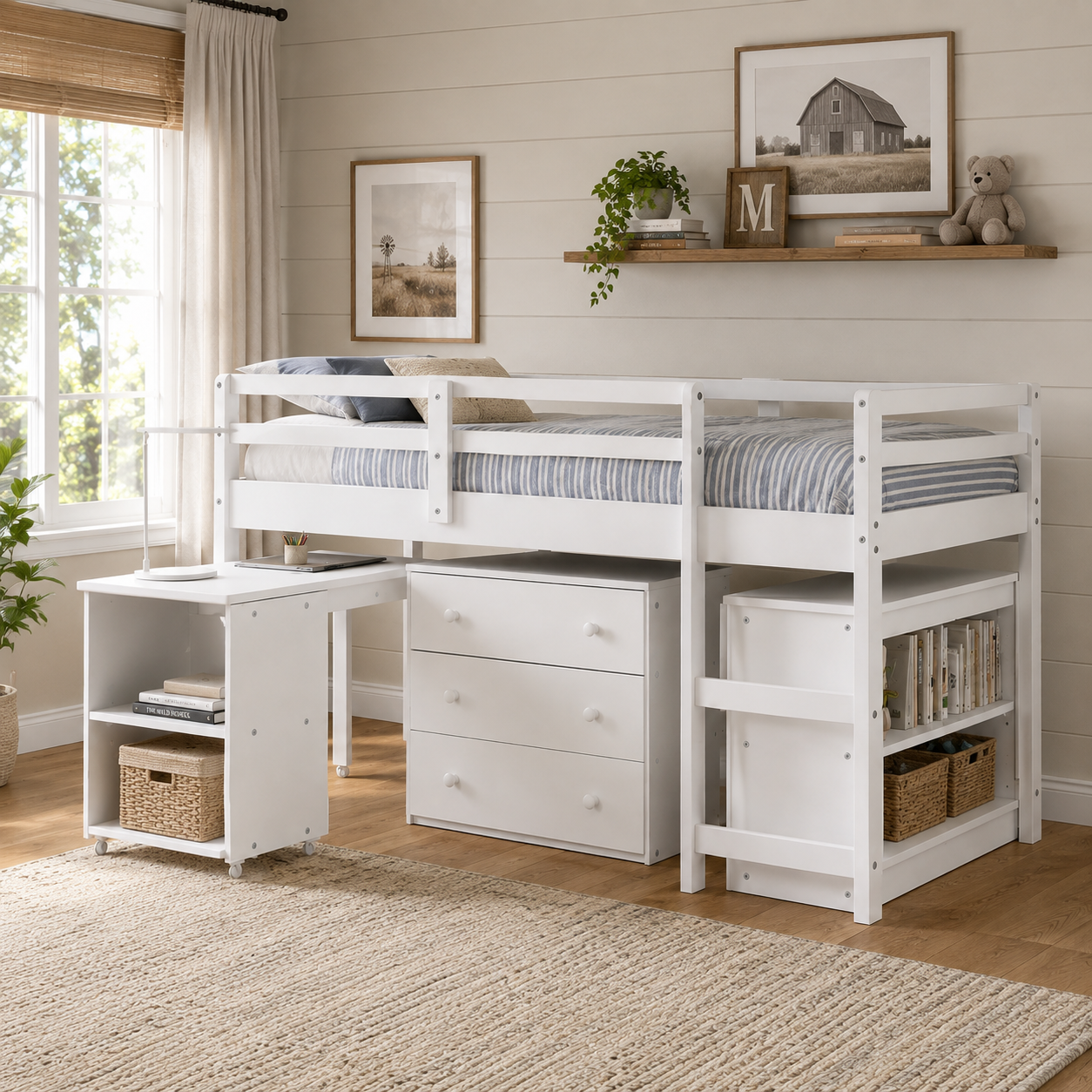 Ylven white twin size low loft bed with modular storage furniture in a cozy bedroom