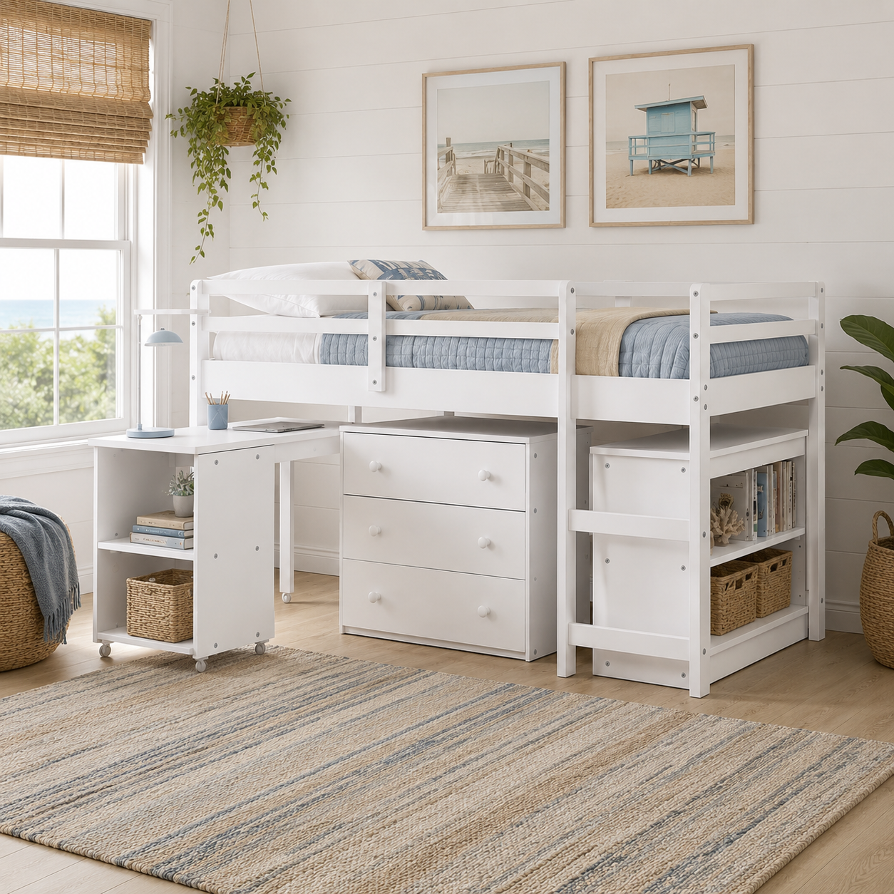 Ylven white twin size low loft bed with desk chest and bookshelf arranged beneath the bed