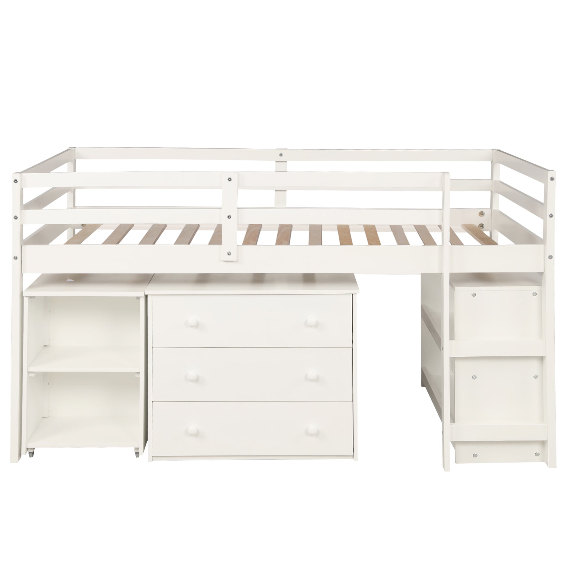 Ylven white twin size low loft bed with three-drawer chest front view on white background
