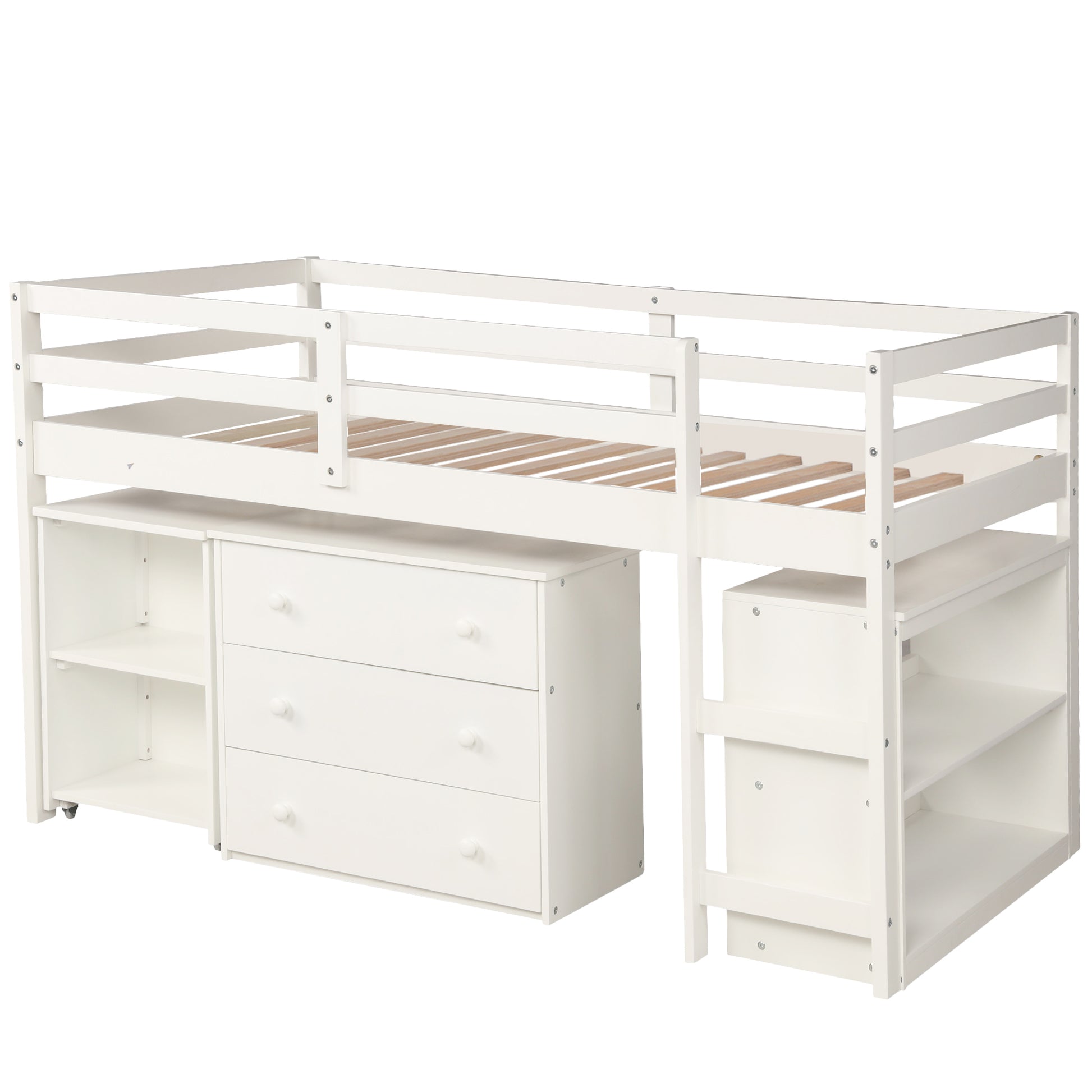 Ylven white twin size low loft bed angled view with removable storage pieces on white background