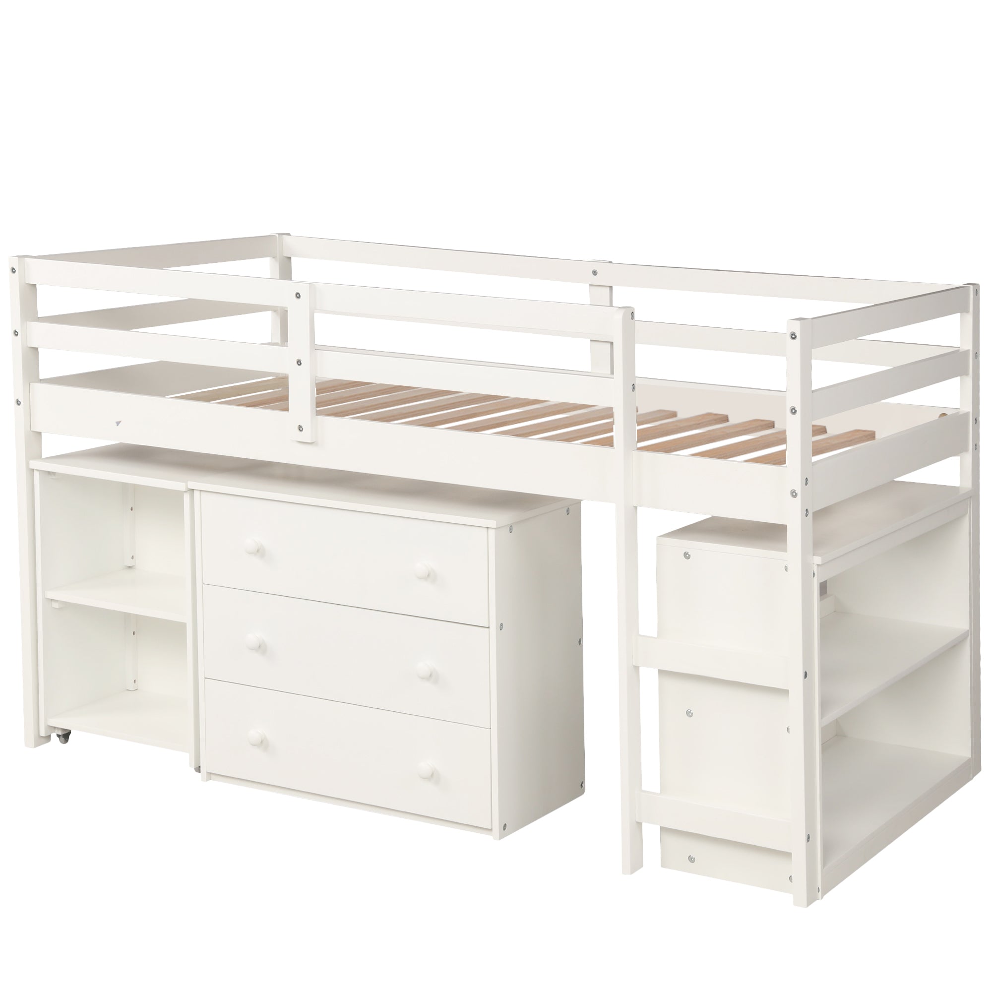 Ylven white twin size low loft bed angled view with removable storage pieces on white background