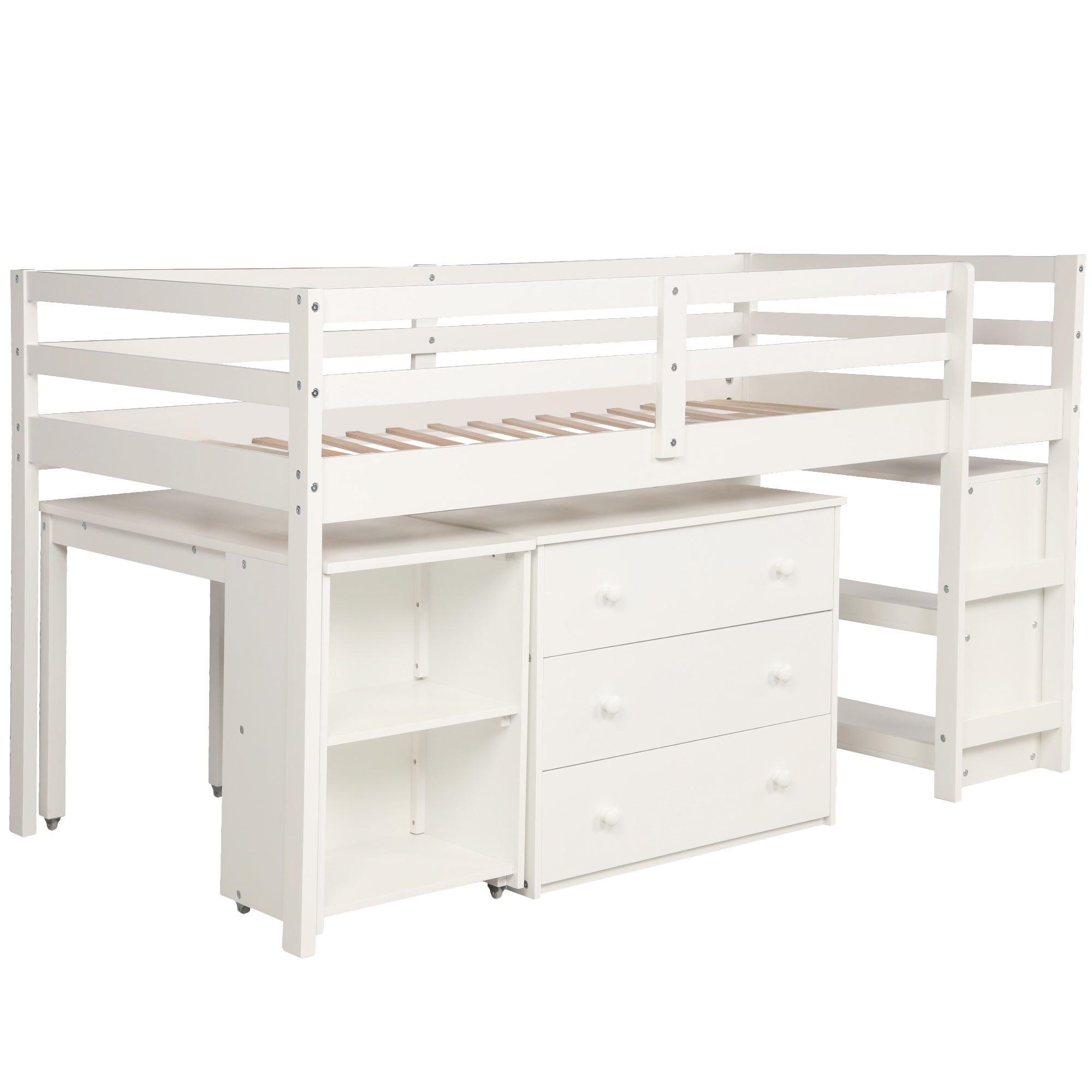 Ylven white twin size low loft bed front angled view with wooden slat platform on white background