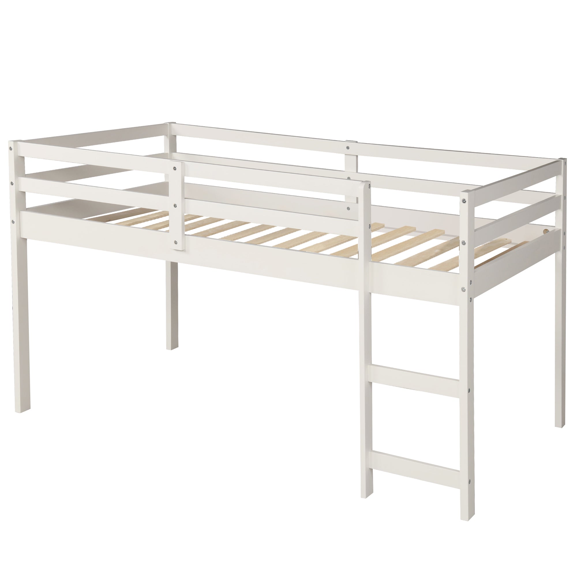 Ylven white twin size low loft bed rear angled view with guardrails on white background