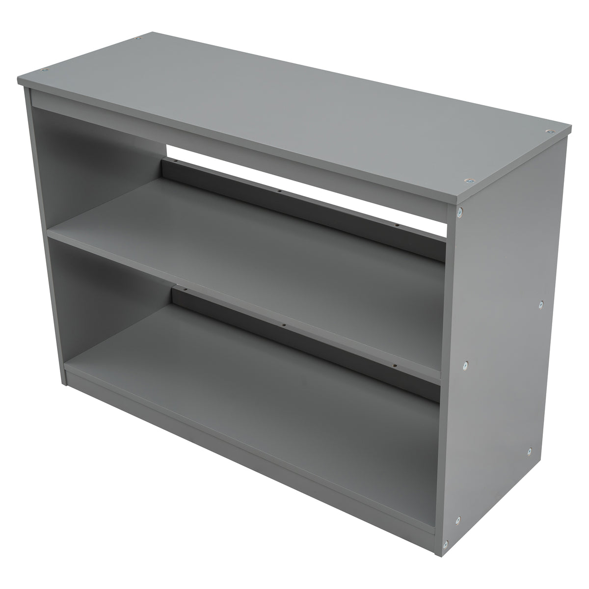 Ylven twin size low loft bed in gray with close-up of the bookshelf
