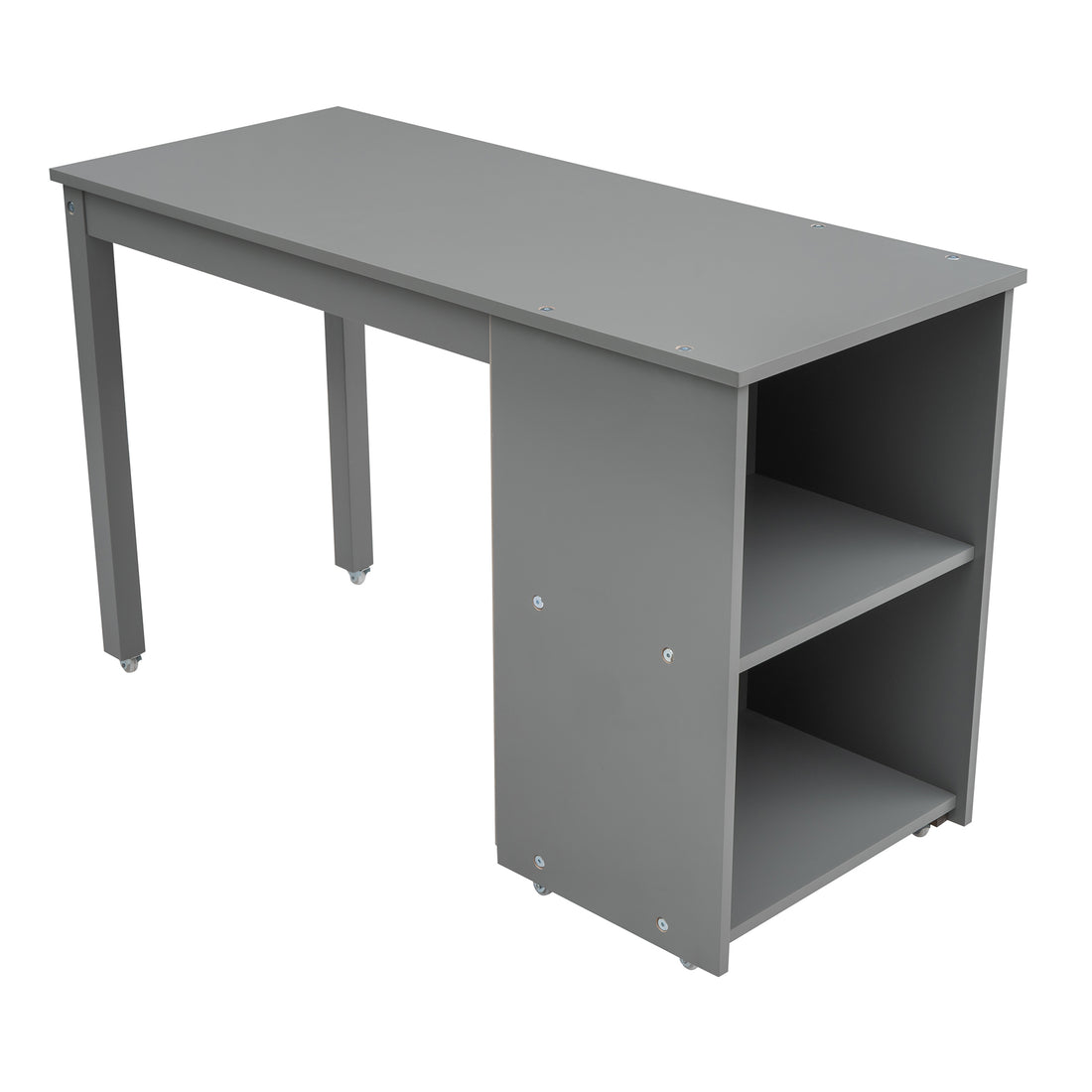 Ylven twin size low loft bed in gray with close-up of the bookshelf