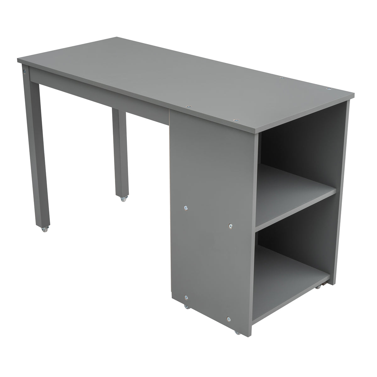 Ylven twin size low loft bed in gray with close-up of the bookshelf