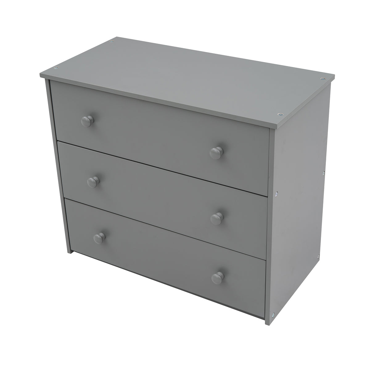 Ylven twin size low loft bed in gray with close-up of the three-drawer chest