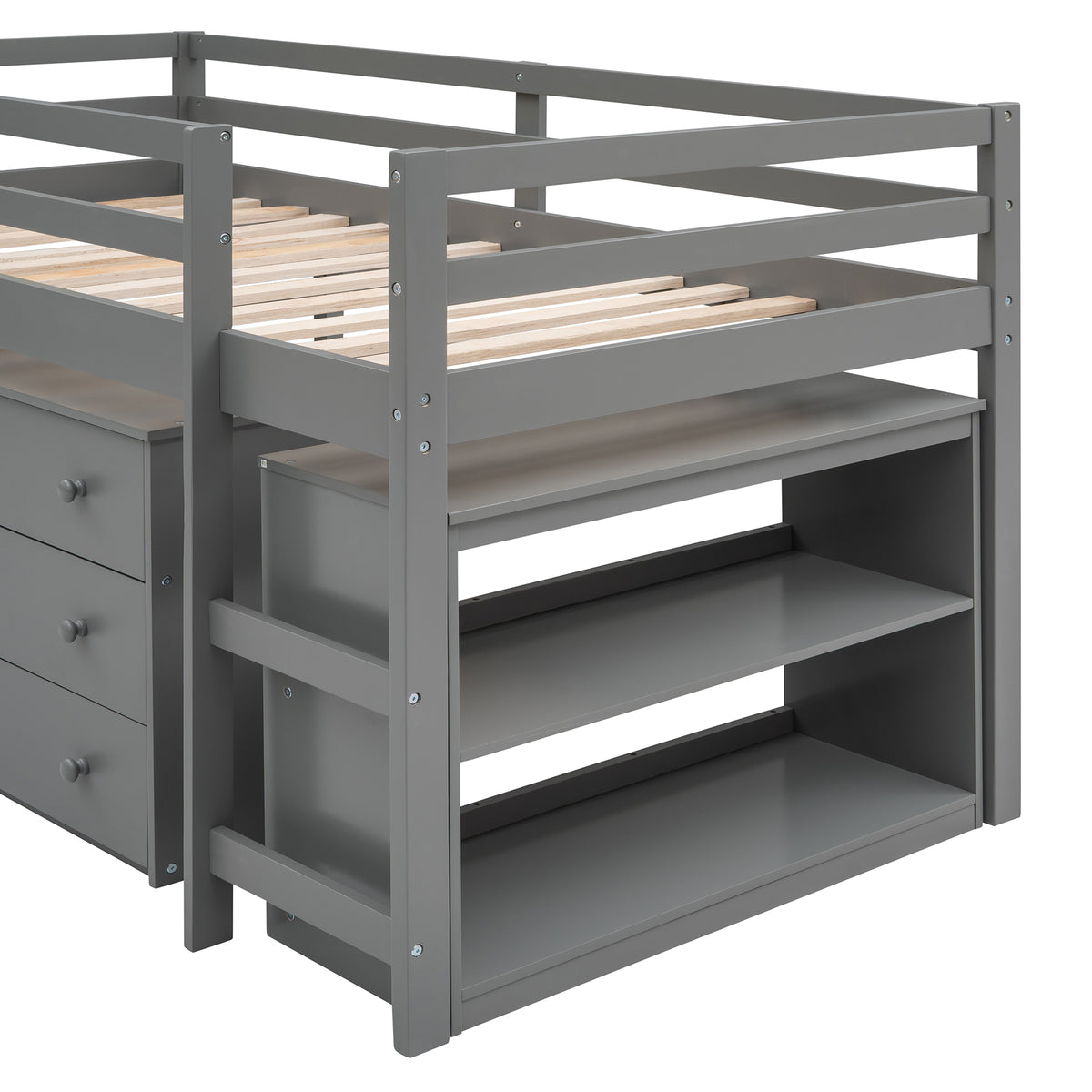 Ylven twin size low loft bed in gray with close-up of the complete under-bed desk, chest and bookshelf configuration