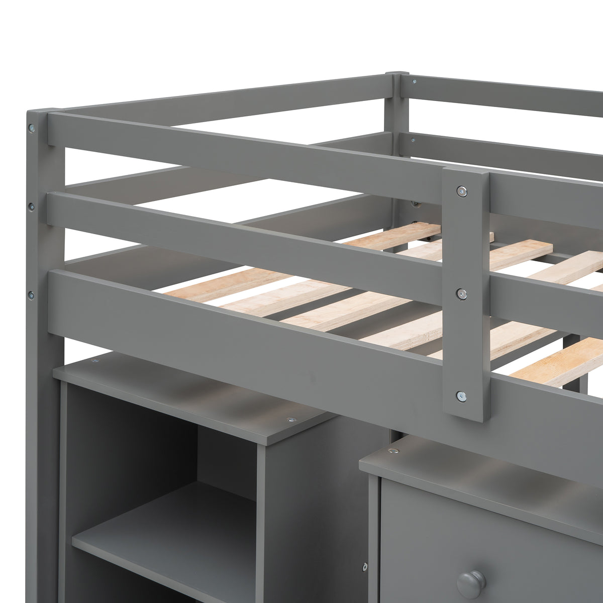 Ylven twin size low loft bed in gray with close-up of the bed frame, under-bed shelf and support structure