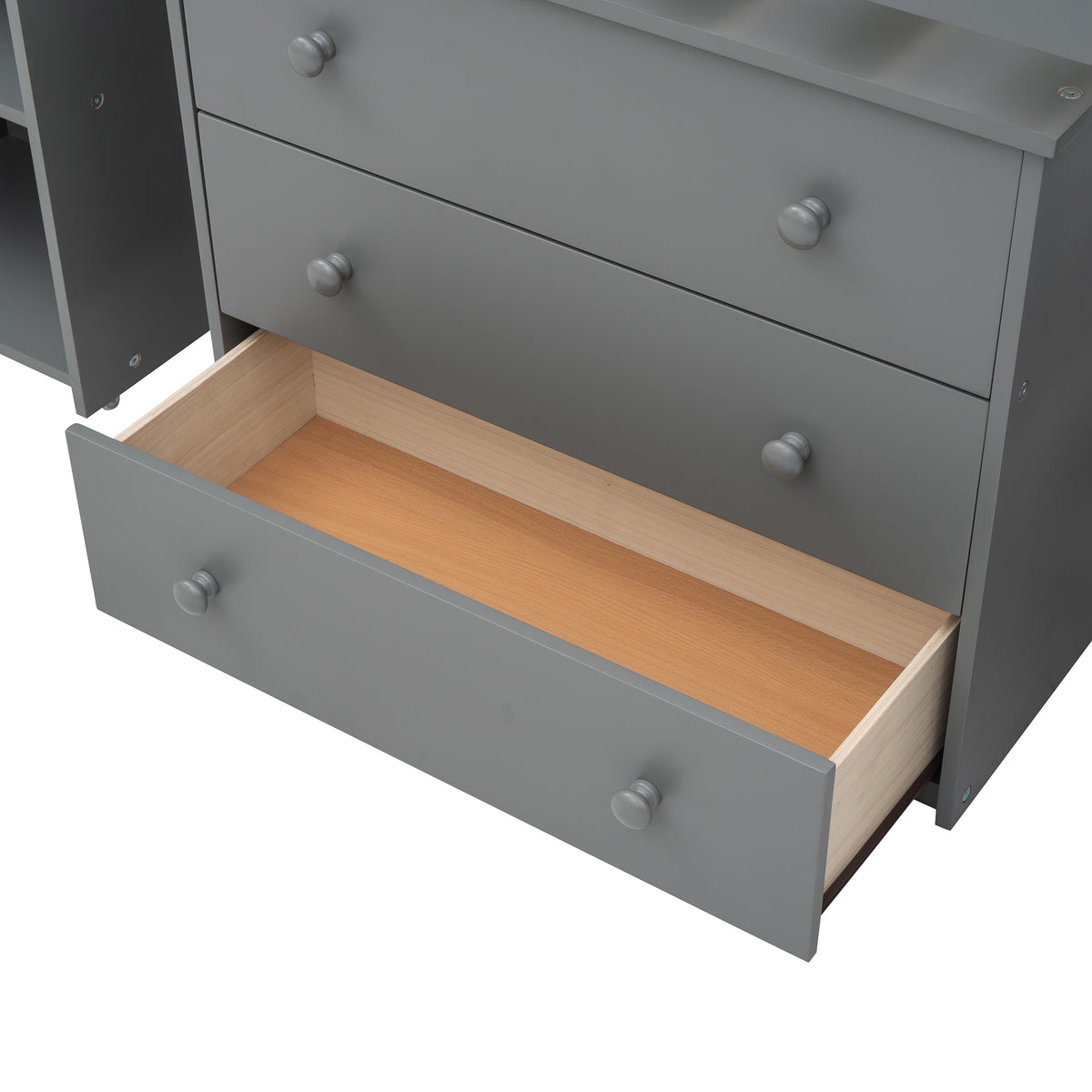 Ylven twin size low loft bed in gray with close-up of the three-drawer chest with drawers open
