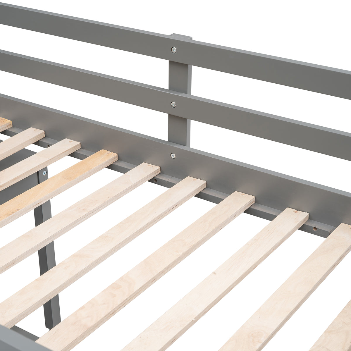 Ylven twin size low loft bed in gray with close-up of the bed frame, under-bed shelf and support structure