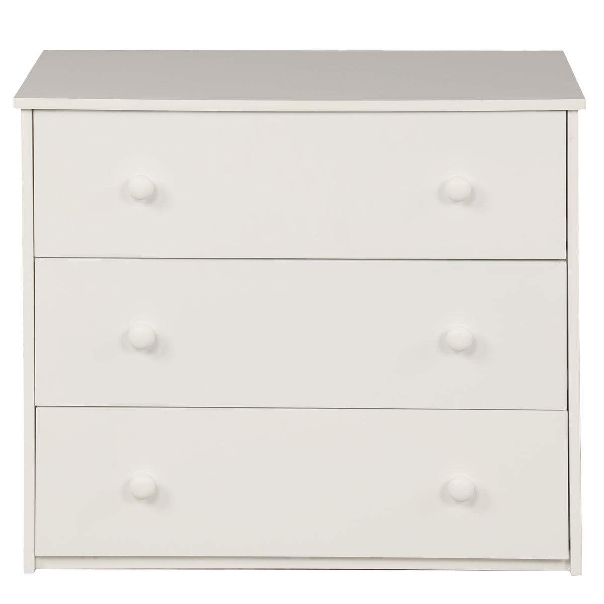 Ylven twin size low loft bed in white with close-up of the three-drawer chest