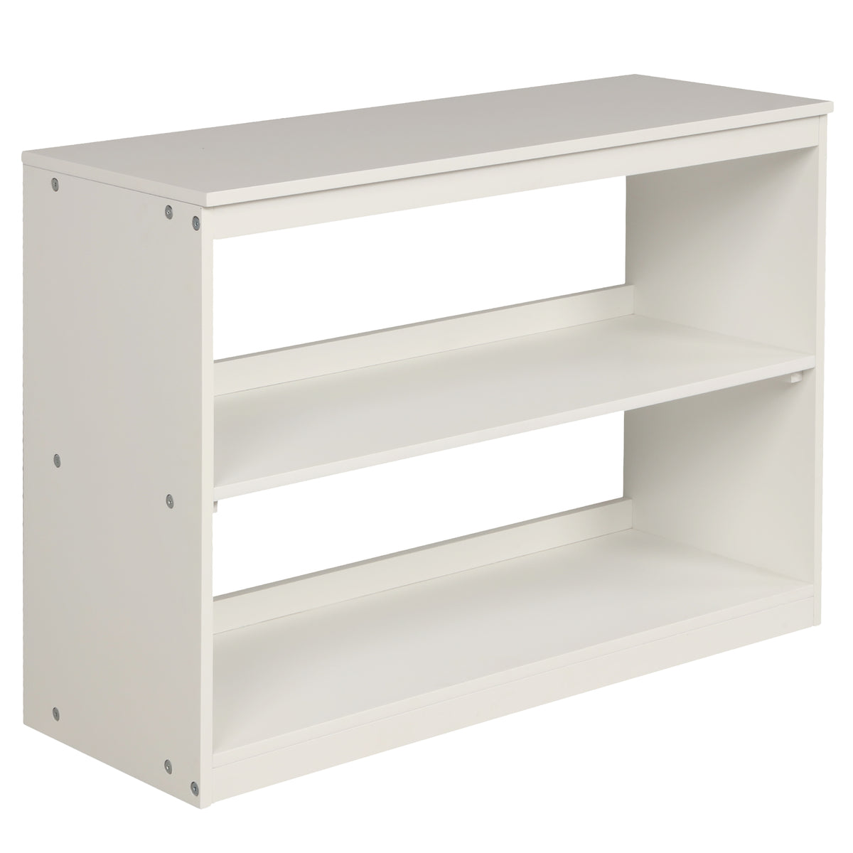 Ylven twin size low loft bed in white with close-up of the bookshelf
