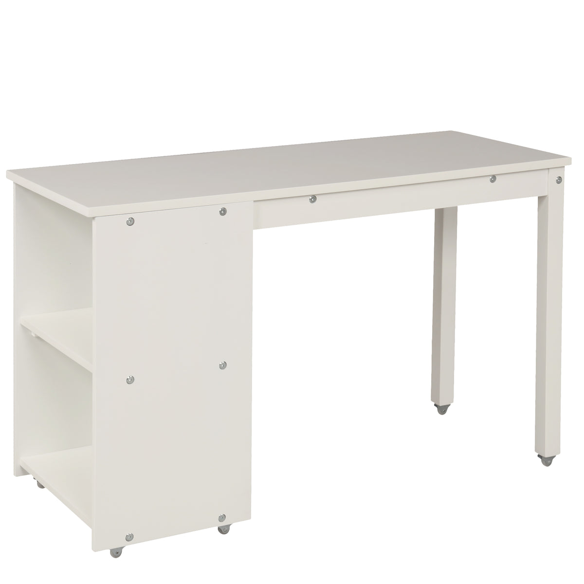 Ylven twin size low loft bed in white with close-up of the rolling desk