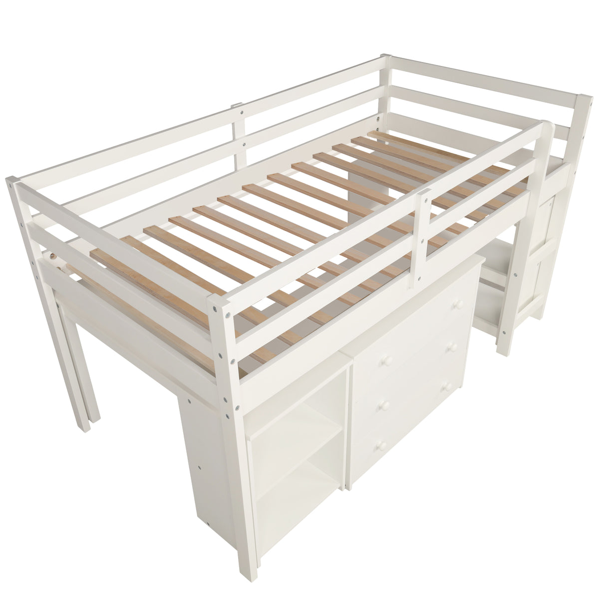Ylven twin size low loft bed in white with close-up of the wood slat support and frame structure