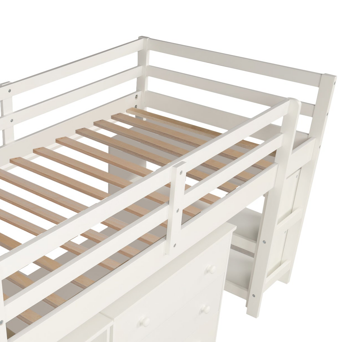 Ylven twin size low loft bed in white with close-up of the wood slat support and frame structure