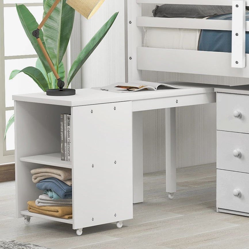 Ylven twin size low loft bed in white with close-up of the complete under-bed desk, chest and bookshelf configuration