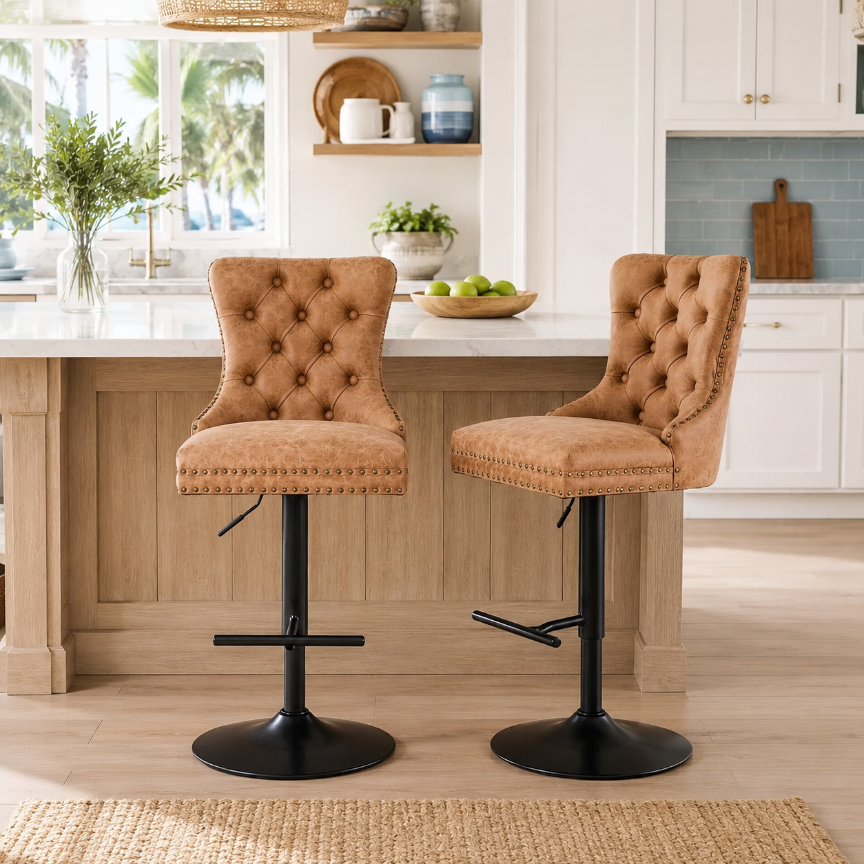 York Vintage PU Leather Swivel Bar Stools with Adjustable Height, Set of 2