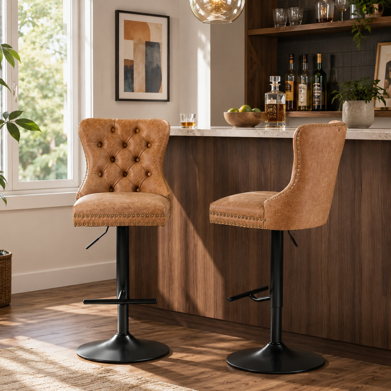 York Vintage PU Leather Swivel Bar Stools with Adjustable Height, Set of 2