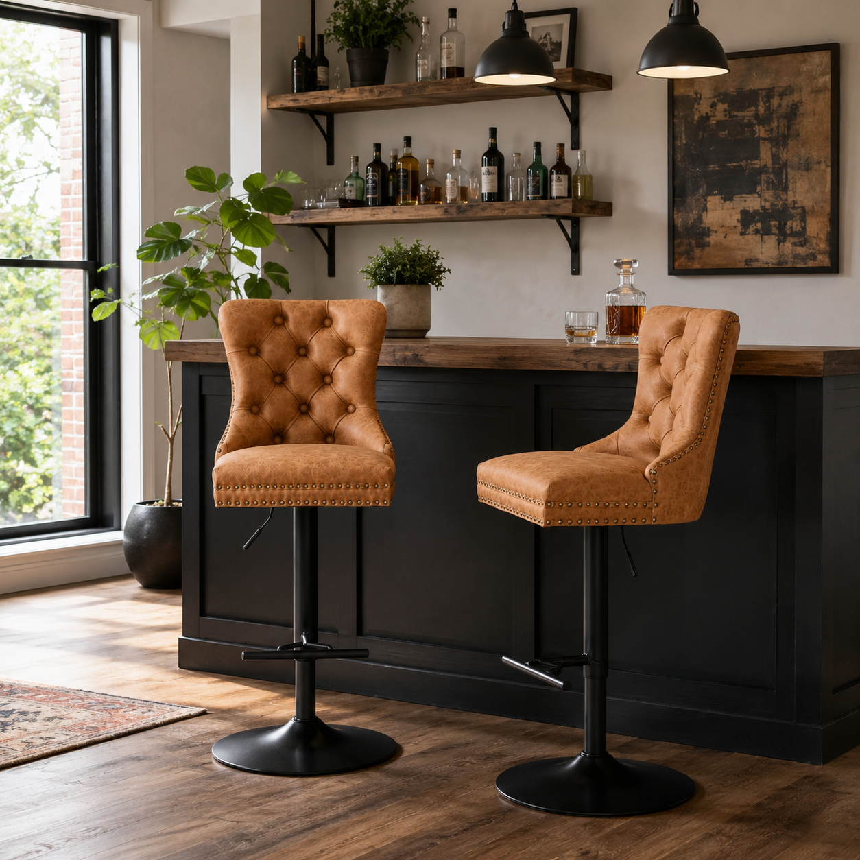 York Vintage PU Leather Swivel Bar Stools with Adjustable Height, Set of 2