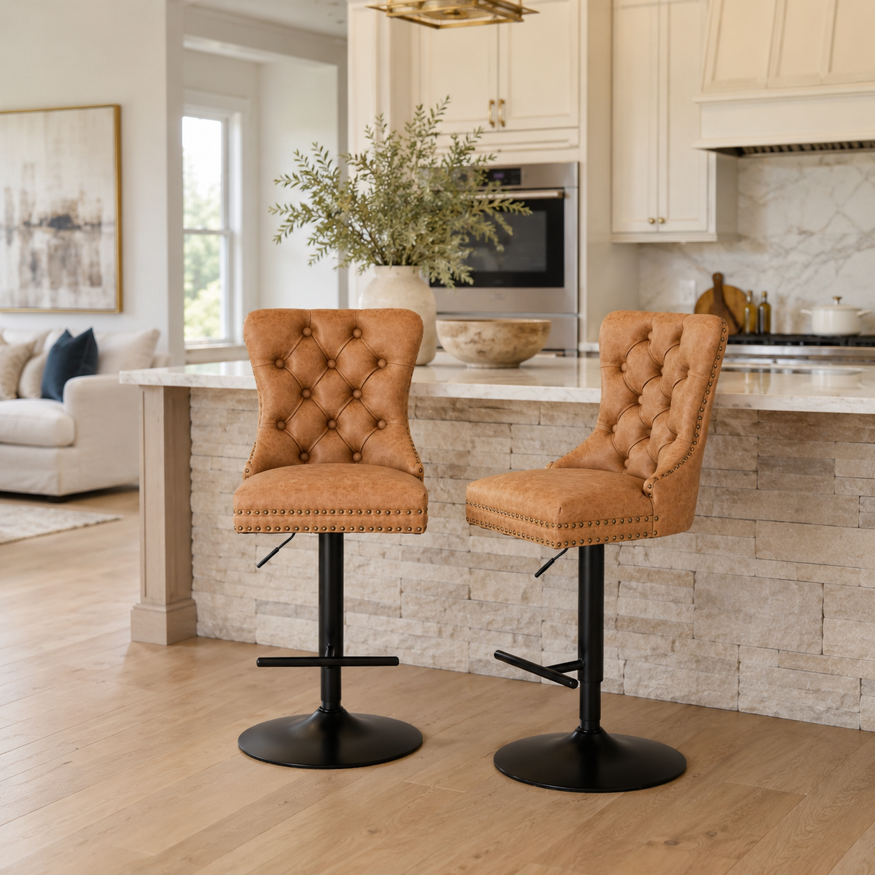 York Vintage PU Leather Swivel Bar Stools with Adjustable Height, Set of 2