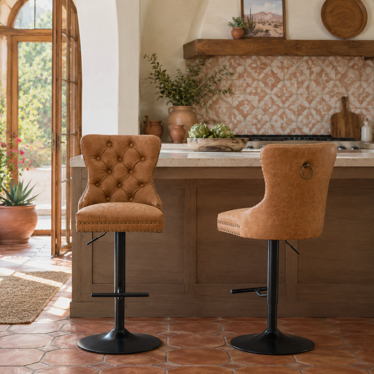 York Vintage PU Leather Swivel Bar Stools with Adjustable Height, Set of 2