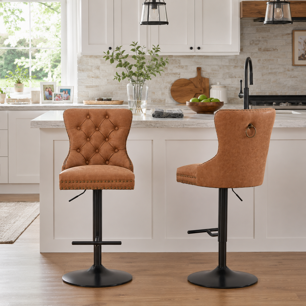 York Vintage PU Leather Swivel Bar Stools with Adjustable Height, Set of 2