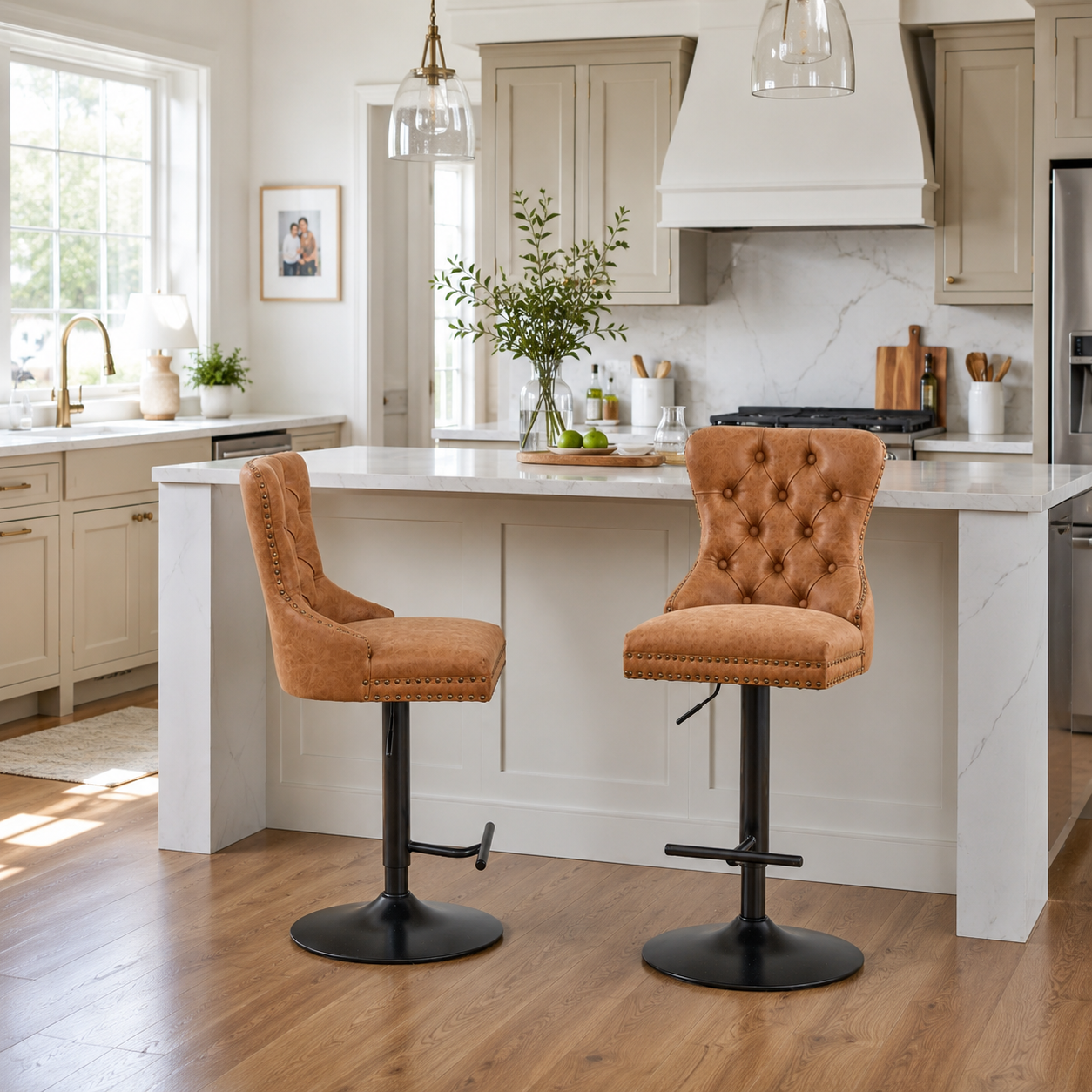 York Vintage PU Leather Swivel Bar Stools with Adjustable Height, Set of 2