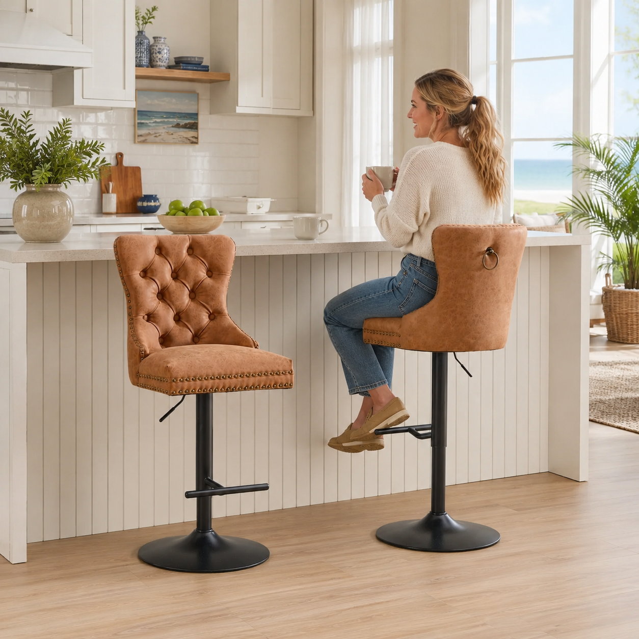 York Vintage PU Leather Swivel Bar Stools with Adjustable Height, Set of 2