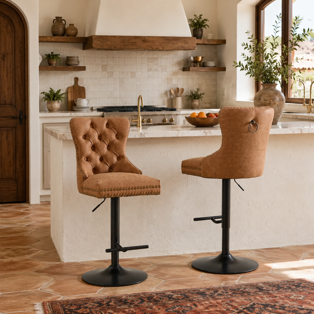 York Vintage PU Leather Swivel Bar Stools with Adjustable Height, Set of 2
