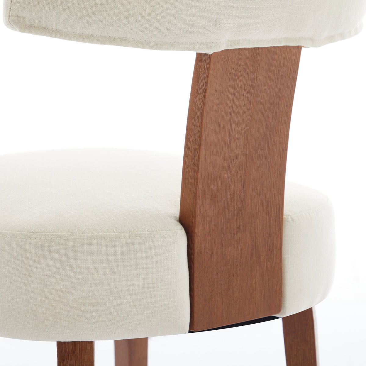 Yukon white dining chair close-up of the rear back support and solid rubberwood frame