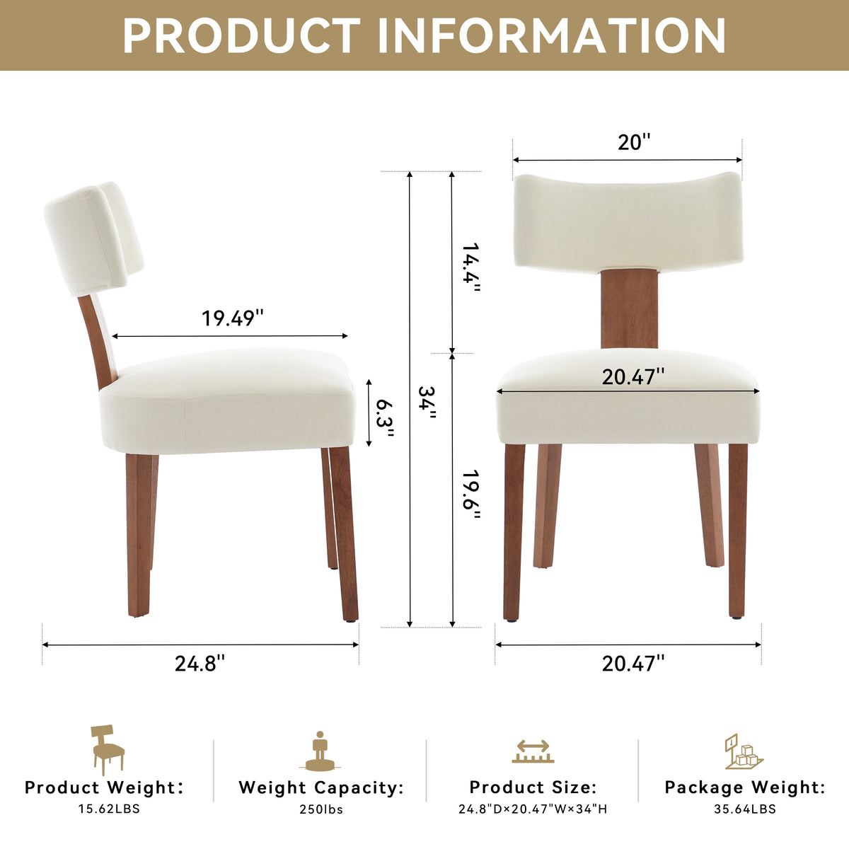 Yukon white linen dining chair showing product dimensions with curved backrest and solid rubberwood legs