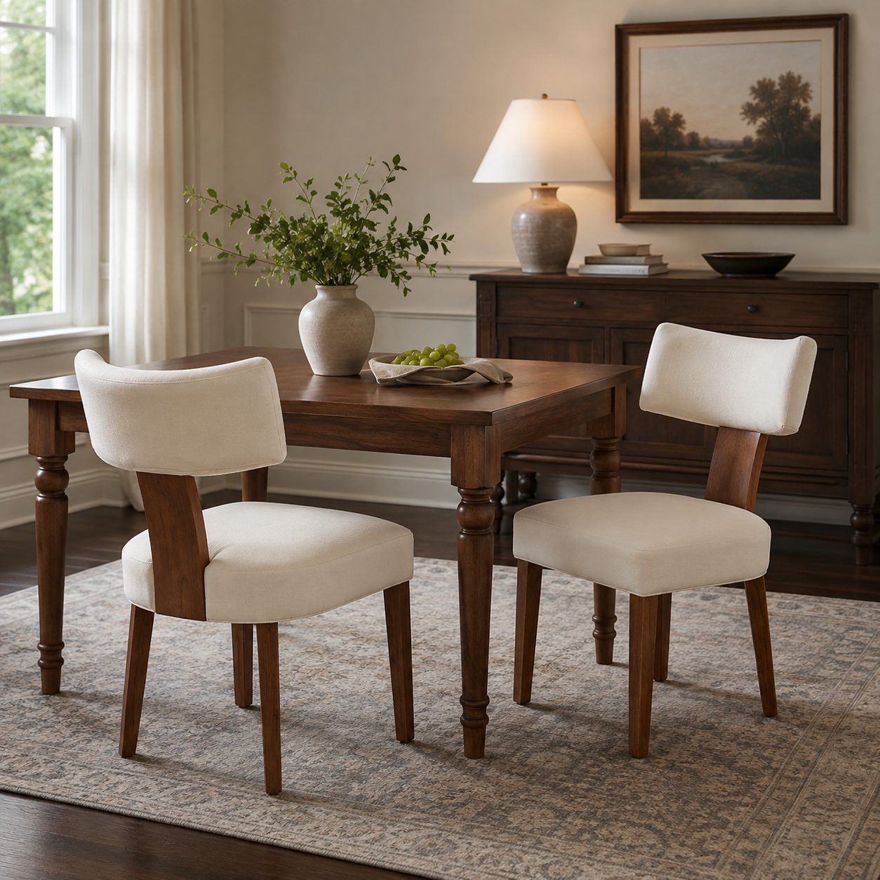 Yukon white linen dining chairs with curved backrests and solid rubberwood legs around a wood dining table