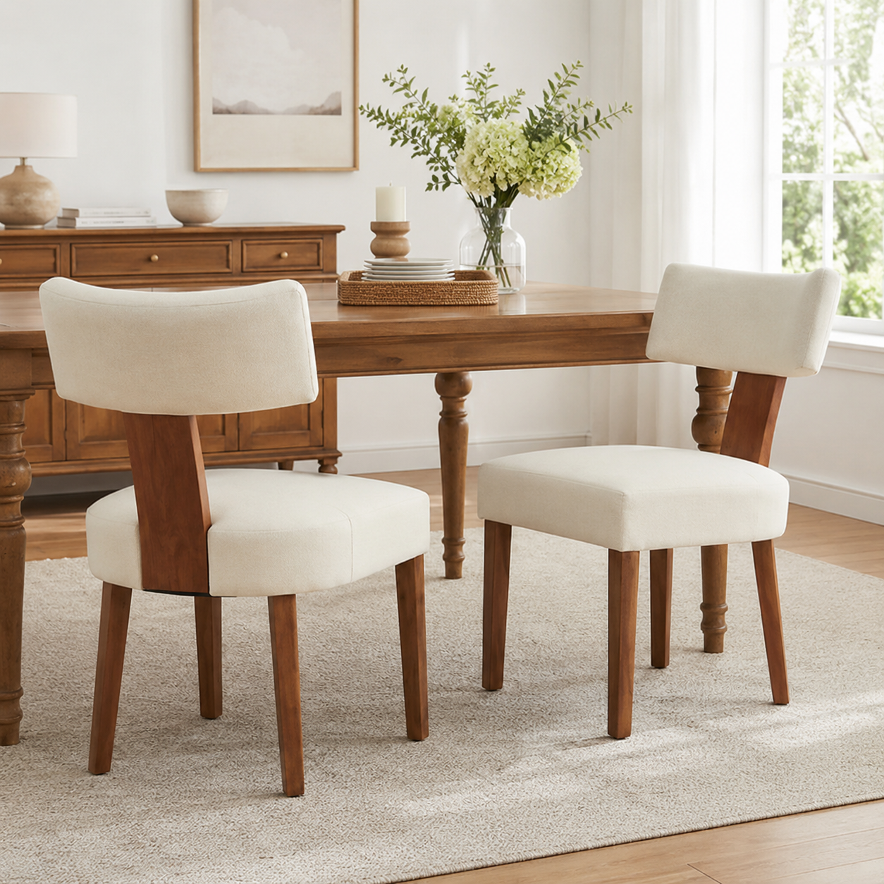 Yukon white linen dining chairs in a bright dining room with natural wood furniture and plants