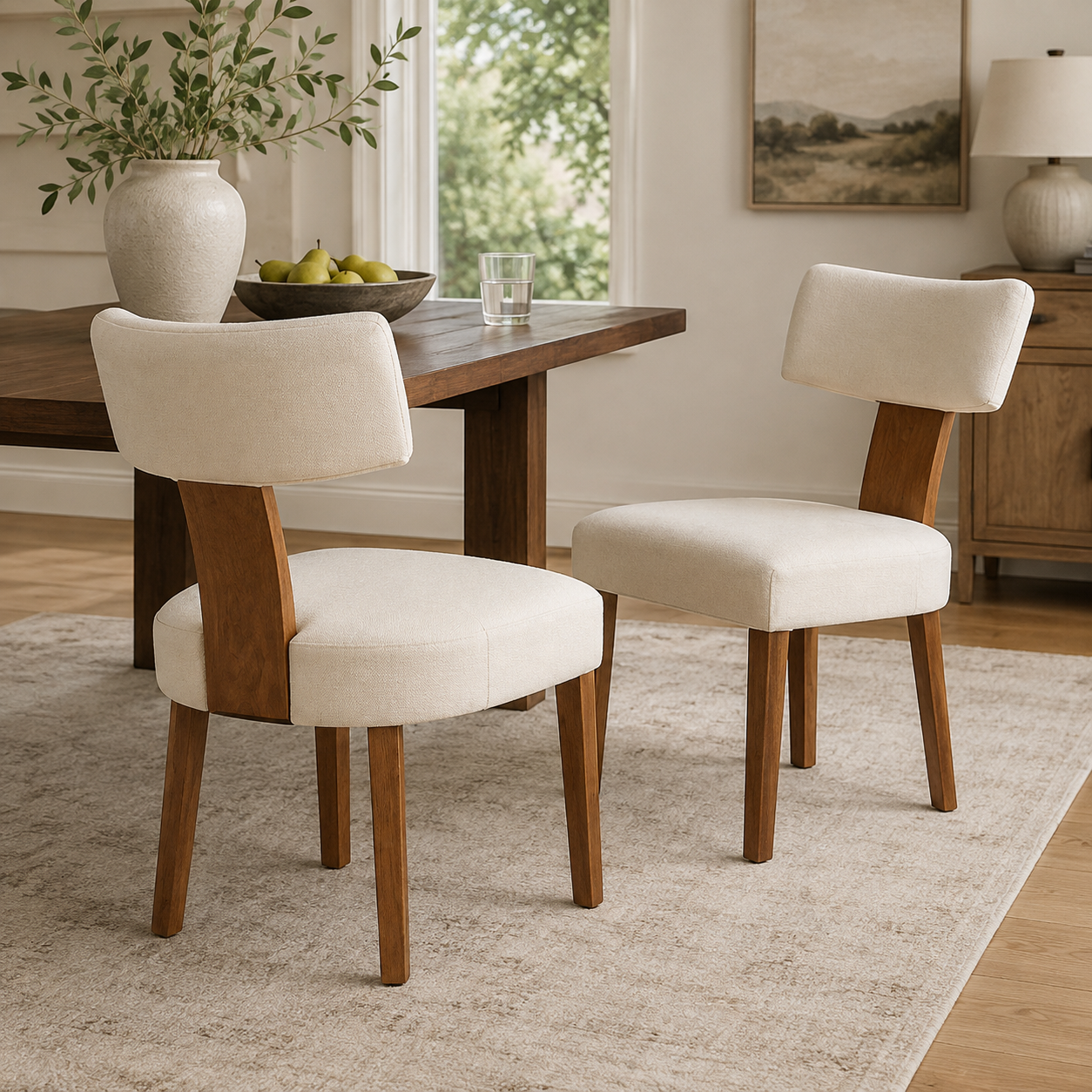 Yukon white upholstered dining chairs arranged around a round wood table in a warm dining space