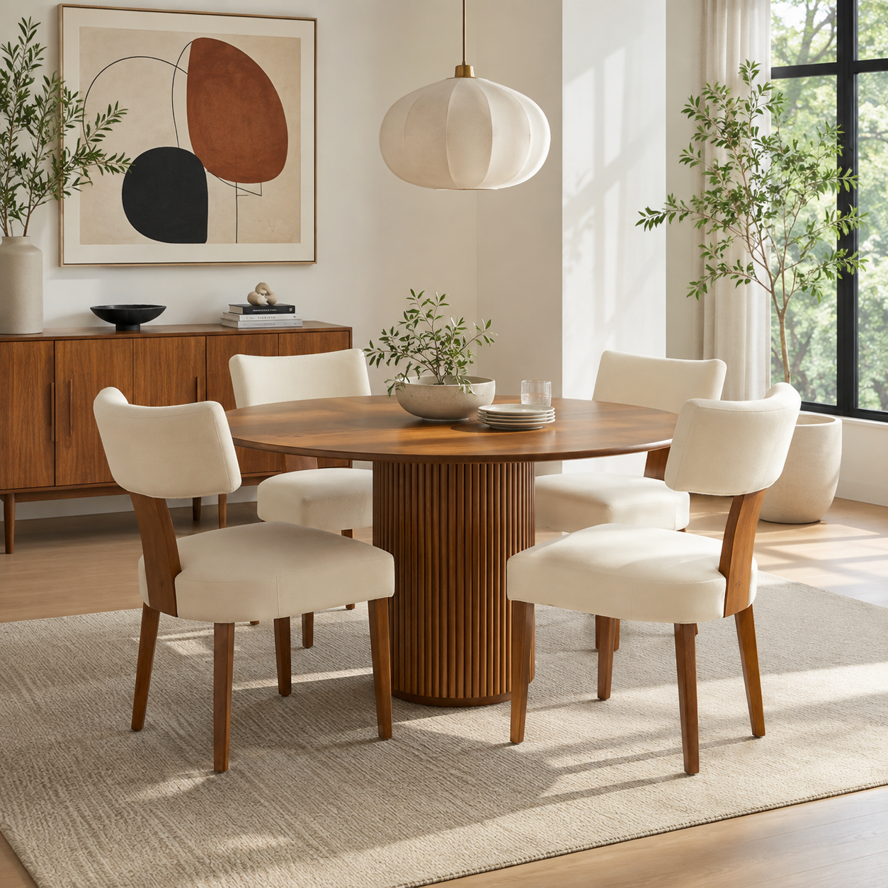 Yukon white linen dining chairs with wood legs in a modern dining room with neutral decor
