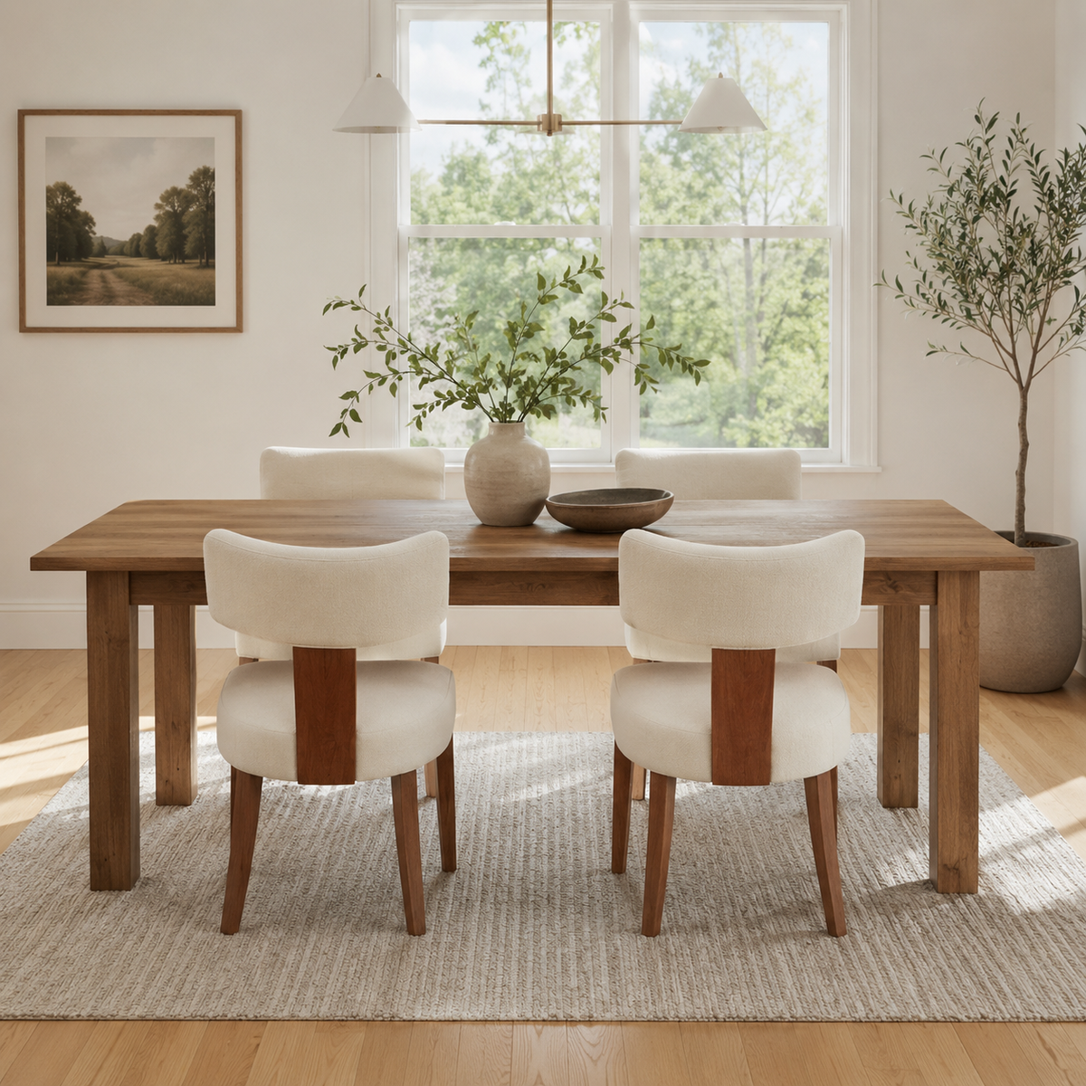 Yukon white dining chair set around a wood table in a bright contemporary dining area