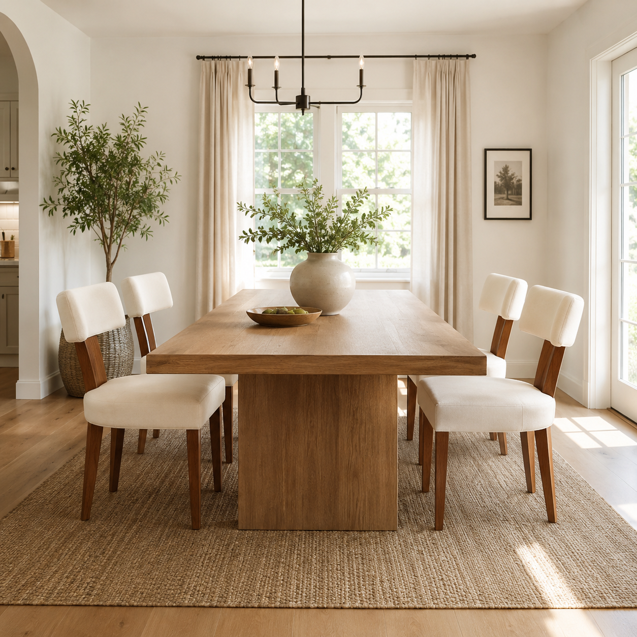Yukon white upholstered dining chairs beside a round pedestal table in a sunlit room