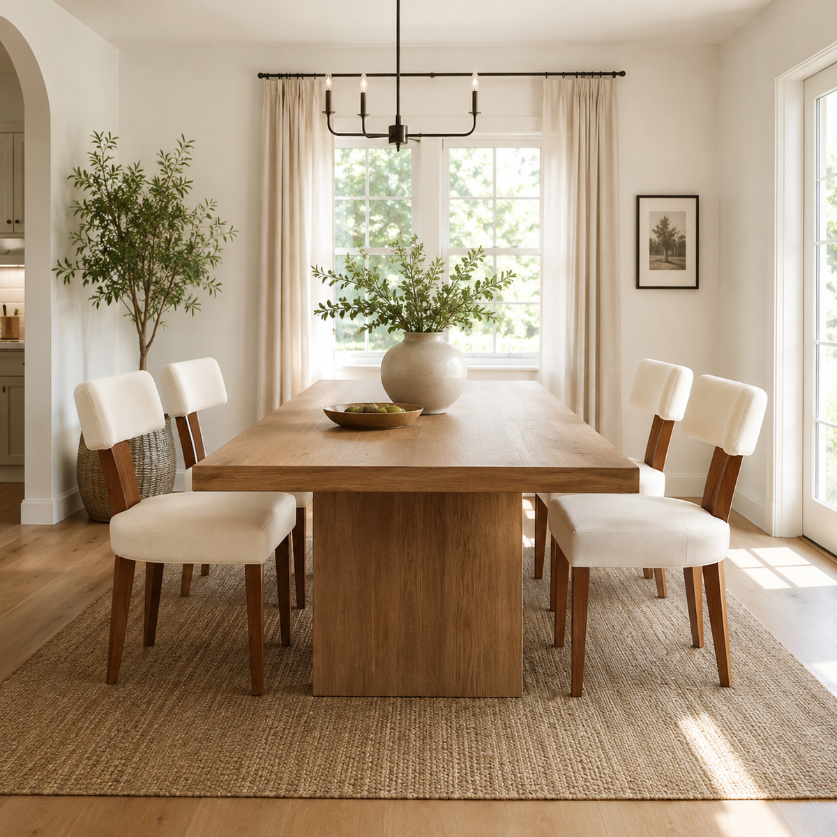 Yukon white upholstered dining chairs beside a round pedestal table in a sunlit room