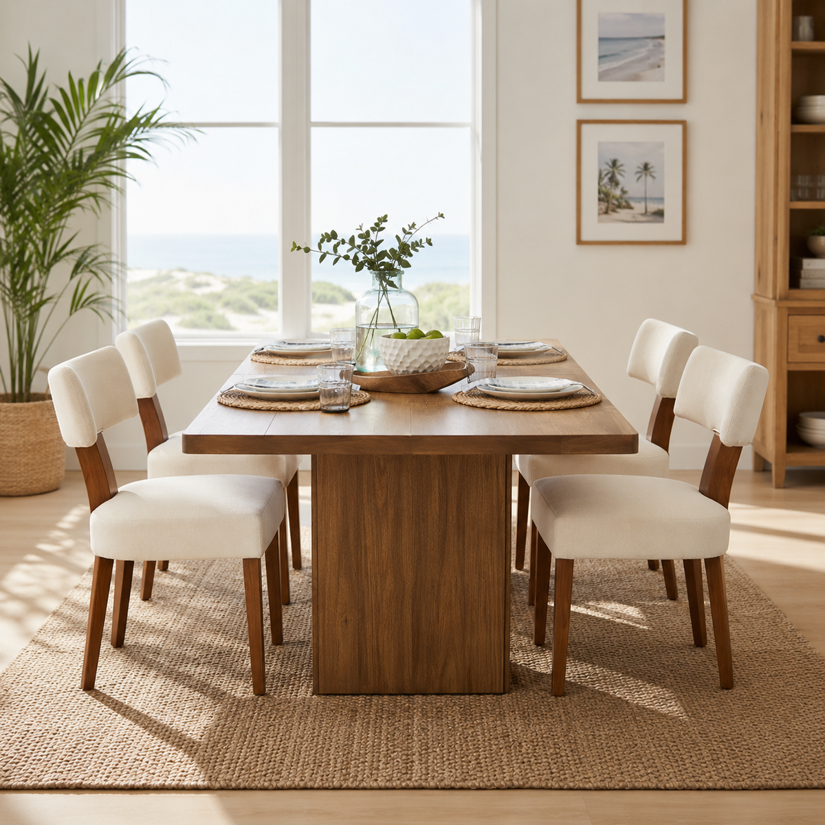 Yukon white linen dining chairs with curved backrests in a cozy dining room