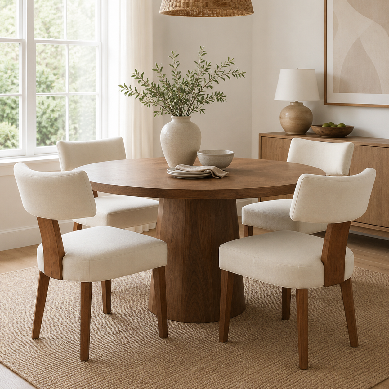 Yukon white dining chairs arranged around a round table in a warm minimalist dining space