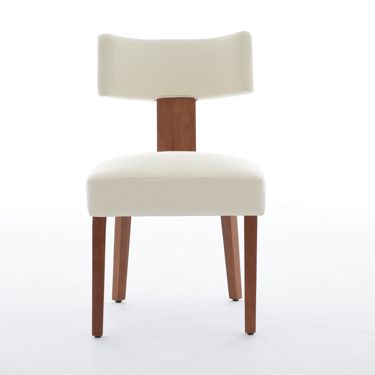 Yukon white linen dining chair straight front view with solid rubberwood legs on white background