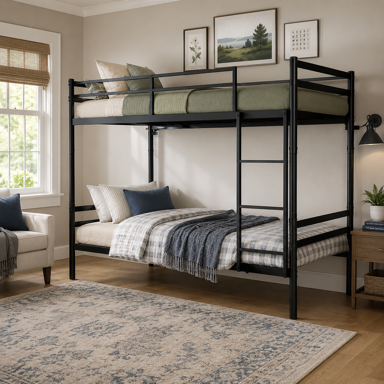 Zorven black bunk bed showing a twin over twin setup with guardrails in a bright bedroom