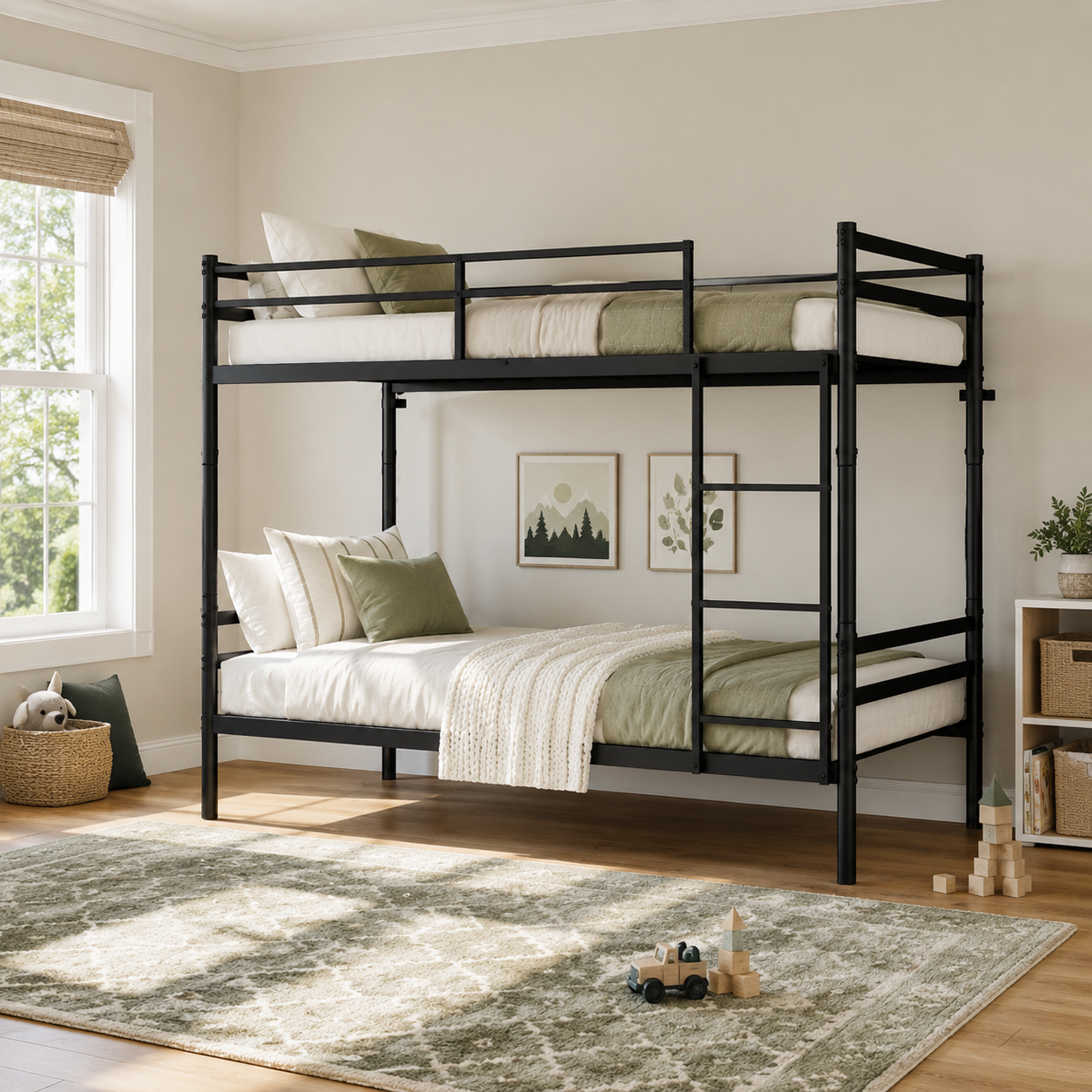 Zorven black bunk bed showing a twin over twin configuration with ladder in a neutral bedroom